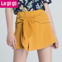 Lagogo2018夏季新款女装纯色高腰半身裙裤宽松直筒休闲阔腿短裤
