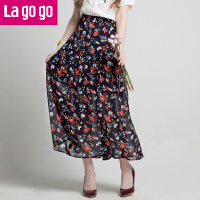 Lagogo2018夏秋季新款女高腰单排扣雪纺小碎花半身裙沙滩裙百褶长裙_1 155/S/36 混色