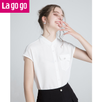 Lagogo2018夏季新款小清新翻领白色衬衫女无袖宽松短款雪纺衫上衣