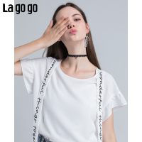 Lagogo2018夏秋季新款时尚学院风系带圆领白色T恤仙女短袖雪纺衫女_1 155/S/36 本白