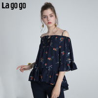 Lagogo2018夏季新款时尚宽松吊带上衣碎花中袖小清新印花雪纺衫女