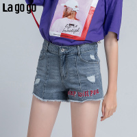 Lagogo2018夏秋季新款时尚裤子休闲潮刺绣破洞直筒高腰牛仔短裤女_1 165/L/40 靛蓝色