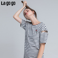 Lagogo2018夏秋季新款条纹学院风连衣裙圆领套头短裙短袖甜美女装潮_1 155/S/36 白藏