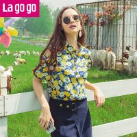 Lagogo2018夏秋季新款泡泡袖露肩设计小翻领上衣印花软妹清新衬衫女_1 155/S/36 混色