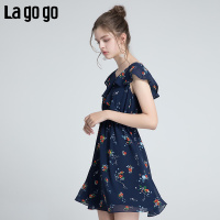 Lagogo2018夏季新款淑女气质印花飞飞袖连衣裙女碎花V领雪纺裙