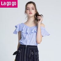 Lagogo2018夏秋季新款漏肩时尚上衣条纹小清新绣花女一字领衬衫女_1 155/S/36 混色（