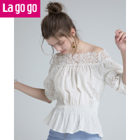 Lagogo2018夏秋季新款灯笼袖蕾丝衫半袖一字领甜美韩版上衣学院风_1 155/S/36 本白色