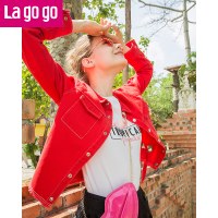 Lagogo2018夏秋季新款牛仔服红色短款上衣绑带毛边长袖牛仔外套女_1 155/S/36 红色（