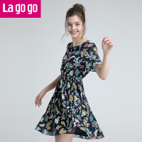 Lagogo2018夏秋季新款碎花圆领绑带荷叶边短袖连衣裙女风琴裙雪纺裙_1 155/S/36 混色
