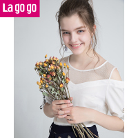 Lagogo2018夏秋季新款肩部镂空网纱拼接领口甜美仙女雪纺衫女式上衣_1 155/S/36 本白
