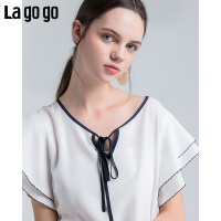 Lagogo2018夏新款圆领撞色系带休闲T恤女宽松韩版甜美上衣chic潮