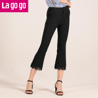 Lagogo2018夏秋新款微喇牛仔裤显瘦拼接休闲裤女装高腰九分裤复古_1 155/S/36 黑色（