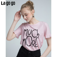 Lagogo2018夏新款粉色字母T恤圆领短袖上衣韩范荷叶边女装潮复古