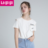Lagogo2018夏新款镂空珍珠装饰圆领T恤女宽松韩范上衣女装潮chic