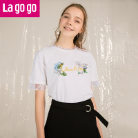 Lagogo2018年夏季新款圆领蕾丝拼接T恤宽松甜美韩版上衣女chic
