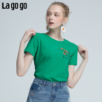Lagogo2018年夏秋季新款女装纯色圆领刺绣印花T恤短袖休闲宽松上衣_1 155/S/36 绿色