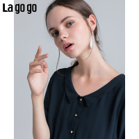 Lagogo2018年夏秋季新款女装纯色雪纺短袖连衣裙蝴蝶结系带露背裙子_1 155/S/36 藏青
