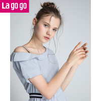 Lagogo2018年夏秋季新款女装露肩短袖雪纺连衣裙收腰显瘦短款裙子_1 155/S/36 浅蓝色