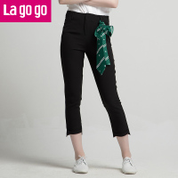 Lagogo2018年夏秋季新款女装黑色简约高腰休闲裤子哈伦裤小脚中长裤_1 155/S/36 黑色
