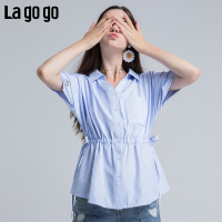 Lagogo2018年夏季新款时尚V领短袖蓝白条纹衬衫女收腰短款上衣