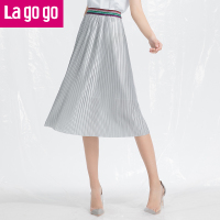 Lagogo2018年夏秋季新款时尚松紧腰风琴褶半身裙高腰学院风裙子女_1 155/S/36 银色（