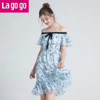Lagogo2018年夏秋季新款时尚漏肩中长款仙女裙子一字领女印花连衣裙_1 155/S/36 混色