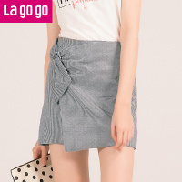 Lagogo2018年夏季新款时尚金属环拉链高腰半身裙格子甜美裙子女