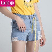 Lagogo2018年夏季新款蕾丝拼接韩版女牛仔短裤毛边高腰热裤女装潮