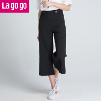 Lagogo2018年夏季新款黑色OL风职业休闲女裤中长款宽松裤子阔腿裤