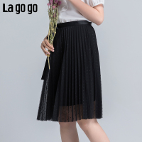 Lagogo2018年春夏秋季新款黑色网纱拉链半身裙女百褶中裙秋冬chic裙子_2 155/S/36
