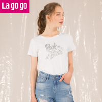 Lagogo2018春夏季新款字母印花短袖圆领T恤宽松女装简约学生白T