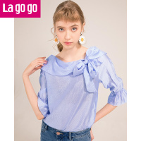Lagogo2018春夏季新款小清新一字领蝴蝶结设计感衬衫女心机上衣