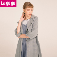 Lagogo2018春夏秋季新款开衩中长款插肩袖风衣女约克薄款少女长外套_1 155/S/36 混色