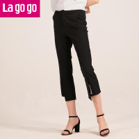 Lagogo2018春夏秋季新款时尚刺绣高腰休闲裤女黑色百搭不规则九分裤_1 155/S/36 黑色