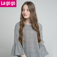 Lagogo2018春夏秋新品女装简约黑白格子雪纺衫喇叭袖宽松小心机上衣_1 155/S/36 混色