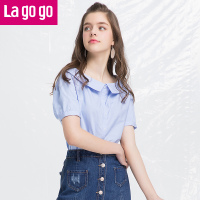 Lagogo2018春夏新款时尚娃娃领条纹上衣灯笼袖复古衬衫女短袖打底