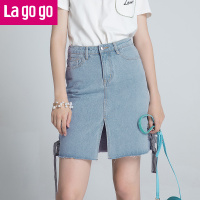 Lagogo2018春夏秋新款简约浅蓝色绑带开叉牛仔半身裙女毛边休闲裙子_1 155/S/36 浅牛