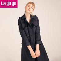 Lagogo2018春季新款时尚双排扣刺绣约克长袖风衣女中长款薄外套