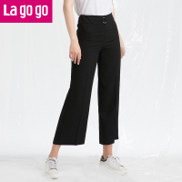 Lagogo2018春夏秋新款纯色高腰显瘦休闲裤女长裤阔腿裤宽松女式裤子_1 155/S/36 黑色