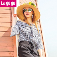 Lagogo拉谷谷2018夏秋新款一字领七分袖短款棉衬衫喇叭袖格子上衣女_1 155/S/36 混色