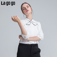 Lagogo拉谷谷2018夏新款小清新领结风琴褶衬衫立领雪纺衫上衣女