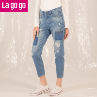 Lagogo拉谷谷2018春夏秋新款破洞明基线装饰牛仔裤时尚高腰铅笔裤女_1 155/S/36 靛蓝