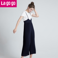 Lagogo高腰阔腿裤女休闲裤2018夏秋季新款时尚气质宽松吊带裤子春夏秋_1 155/S/36 藏