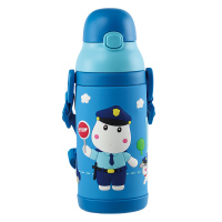 小比咔(pinkah)儿童保温杯宝宝两用不锈钢吸管学饮水杯带手柄学生保温背带水壶400ml TMY-3437（蓝色）