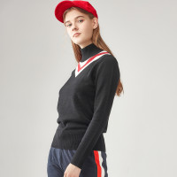 佐丹奴高领针织衫女 2018秋款V字撞色套头黑色女毛线衣 05358634