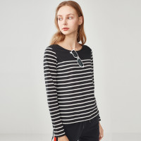 佐丹奴条纹T恤女 纯棉圆领秋季女恤衫 女长袖黑白纹上衣 91328617