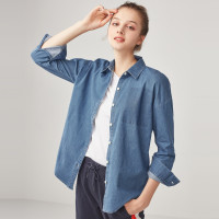 佐丹奴牛仔衬衫 女装拼色弹力棉长袖衬衫 女复古宽松衬衣05348046