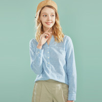 佐丹奴衬衫女 2019新款衬衣 天然麻棉V领半开胸长袖衬衫05349223
