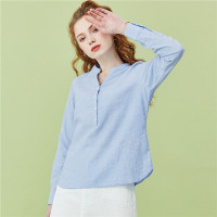 佐丹奴女衬衫纽扣半开衫天然亚麻棉V领半开胸长袖女衬衣05340487