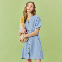 佐丹奴麻棉裙子女装天然亚麻休闲舒适V领气质蓝色连衣裙05460349